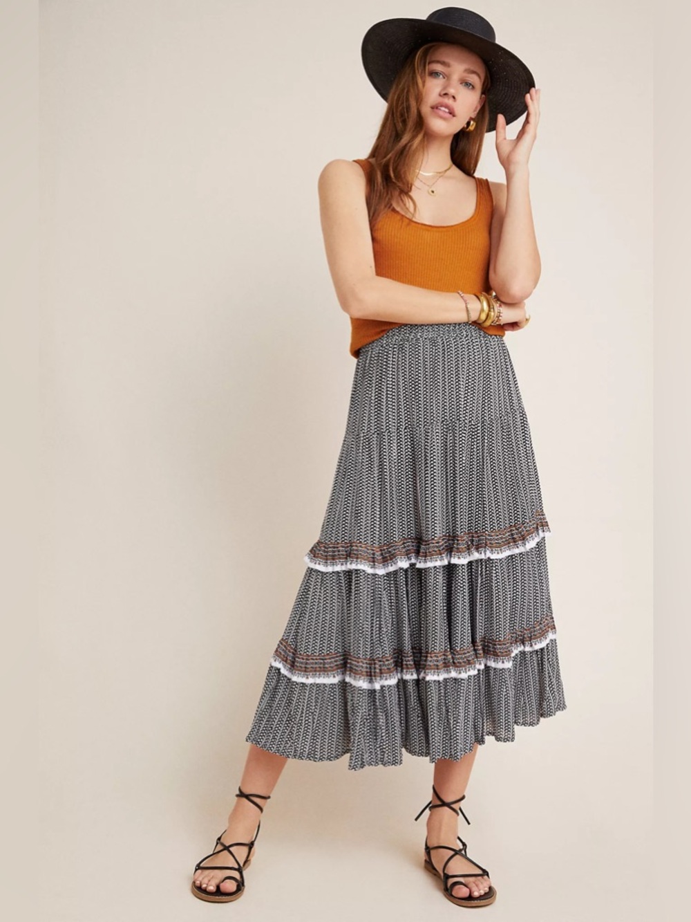 BEACHGOLD Jocelyn Black & White Tiered Midi Skirt with Brown Trim Anthropologie